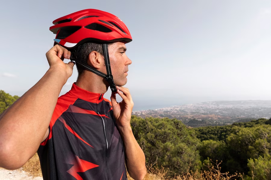 Man tightening his helmet strap