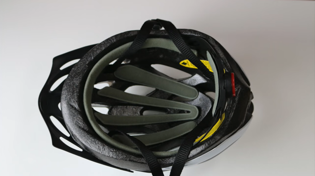 The bottom side of the black Schwinn bike helmet 