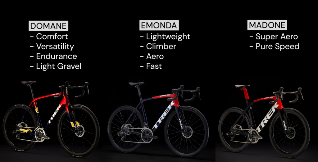 domane, emonda, madone and its features- three bike on black background