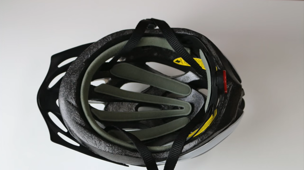 The bottom side of the black Schwinn bike helmet